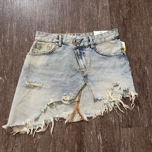 Zara Denim Mini Skirt Women Size 2 Light Blue Asymmetrical Distressed Fringe New